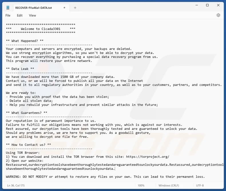 Services Recovery Ransomware CICADA3301
