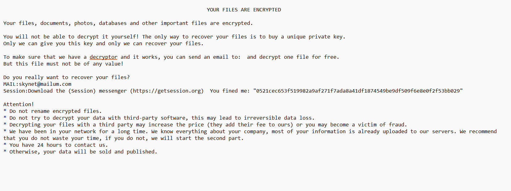 Services Recovery Skynet Ransomware